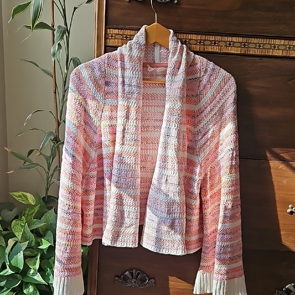 Pink and White Lightweight Open-Front Cardigan